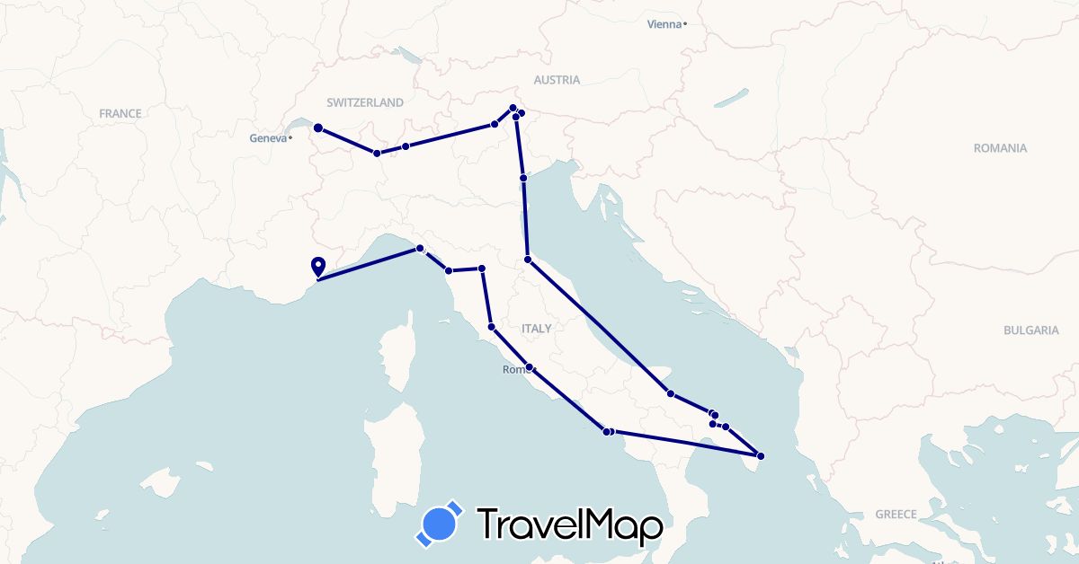 TravelMap itinerary: driving in Switzerland, France, Italy, San Marino (Europe)